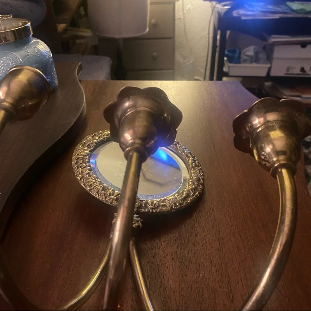 Vintage French Brass Triple-Arm Wall Sconce beveled Mirror